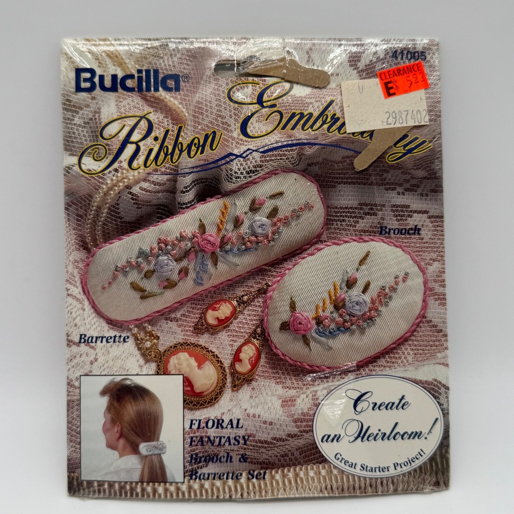 Vintage 1994 Bucilla Floral Fantasy Ribbon Embroidery Kit 41005 Barrette Brooch